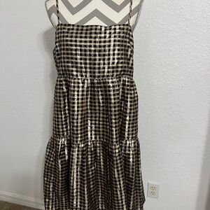 J.Crew H022 Smocked Shiny Metallic Tiered Dress Womens 12 Gold Black Plaid # 477